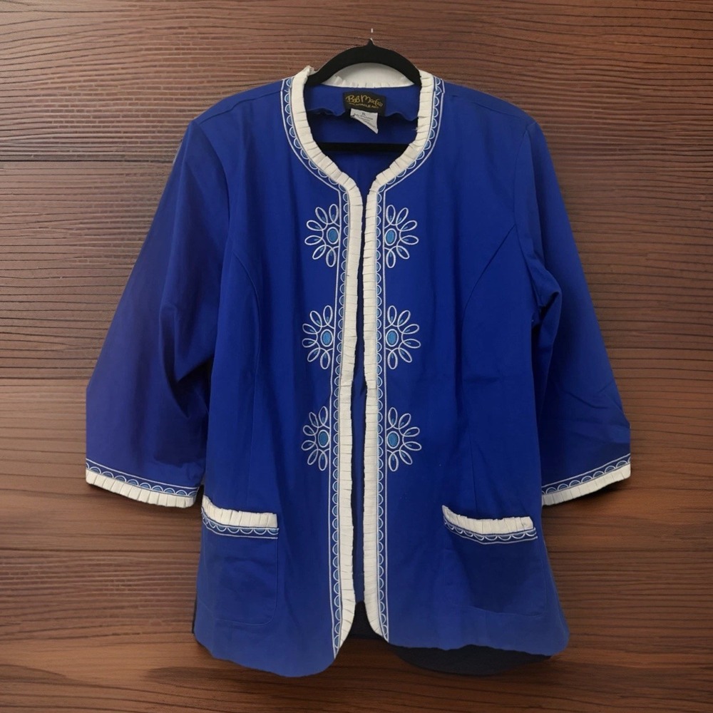 NWT Bob Mackie XL Wearable Art Embroidered Open Jacket Blazer Blue White